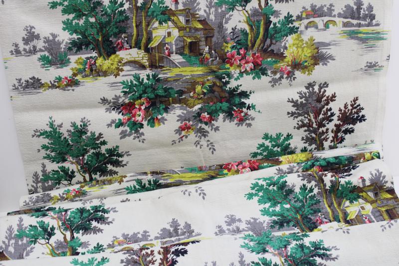 photo of mid-century vintage print cotton barkcloth fabric, french country cottage scenes #3