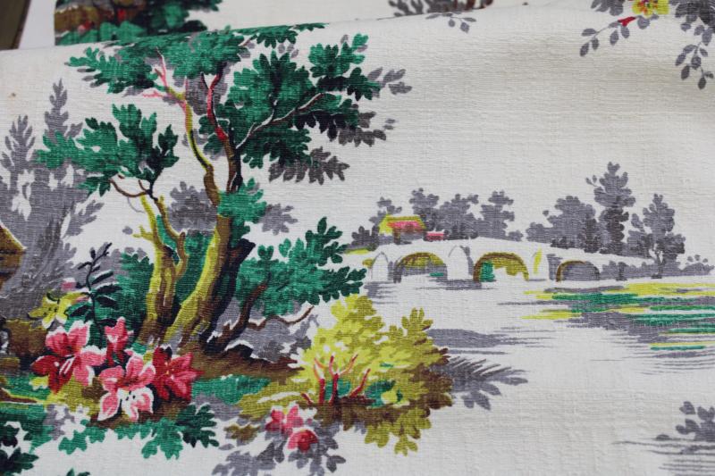 photo of mid-century vintage print cotton barkcloth fabric, french country cottage scenes #4