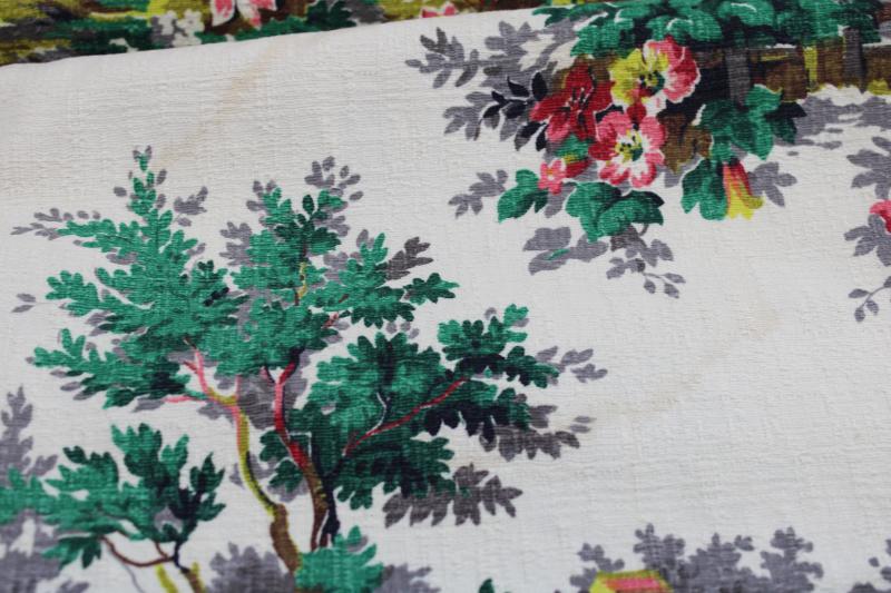 photo of mid-century vintage print cotton barkcloth fabric, french country cottage scenes #5