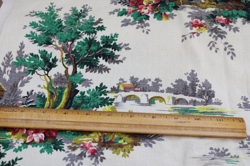 photo of mid-century vintage print cotton barkcloth fabric, french country cottage scenes #6