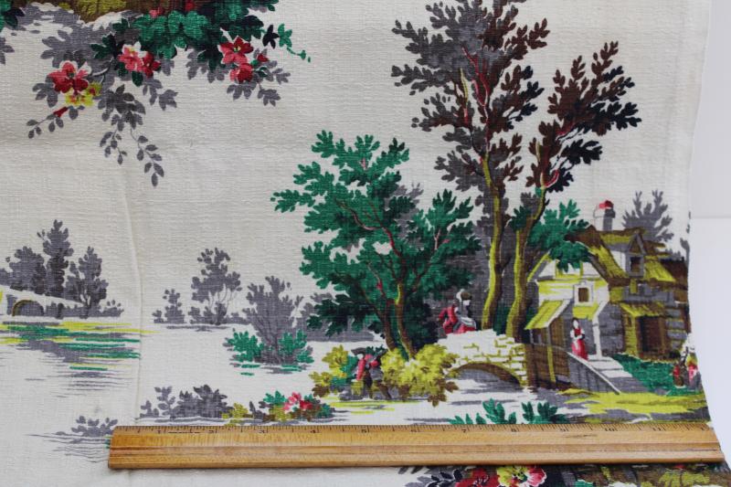 photo of mid-century vintage print cotton barkcloth fabric, french country cottage scenes #7