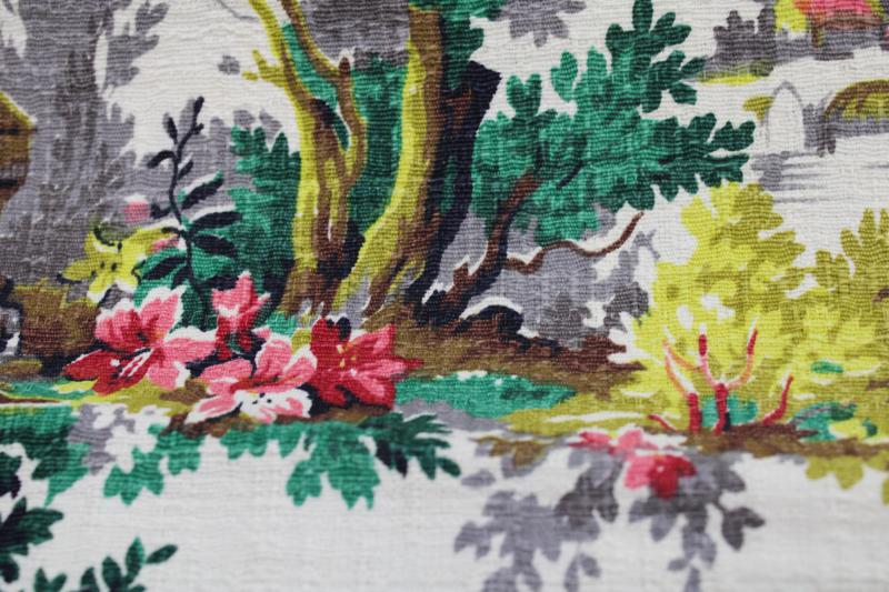 photo of mid-century vintage print cotton barkcloth fabric, french country cottage scenes #10