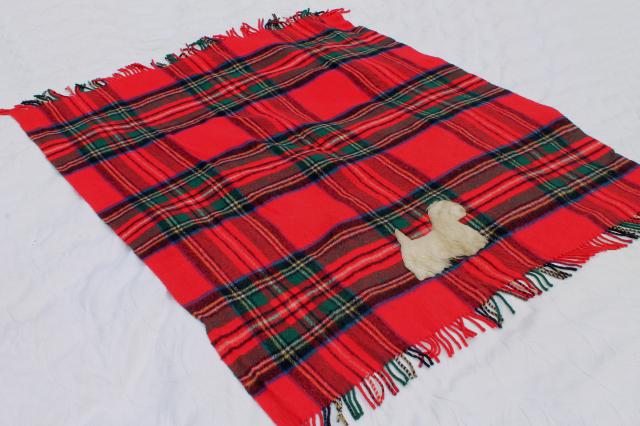 photo of mid-century vintage red plaid wool stadium blanket w/ furry terrier dog mascot applique #1