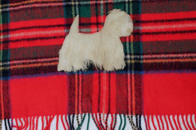 photo of mid-century vintage red plaid wool stadium blanket w/ furry terrier dog mascot applique #3