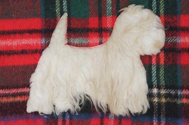 photo of mid-century vintage red plaid wool stadium blanket w/ furry terrier dog mascot applique #4