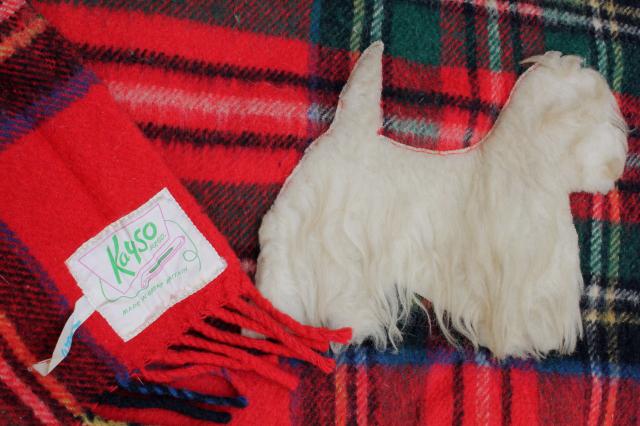 photo of mid-century vintage red plaid wool stadium blanket w/ furry terrier dog mascot applique #5