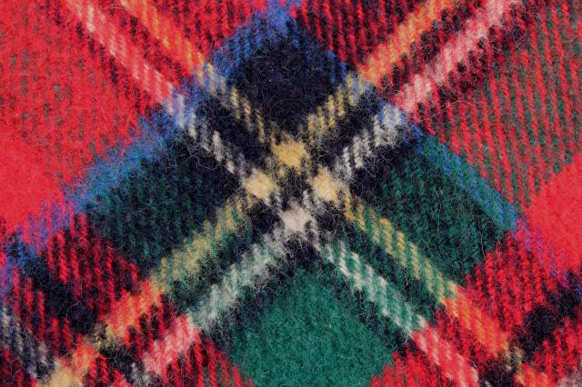 photo of mid-century vintage red plaid wool stadium blanket w/ furry terrier dog mascot applique #7