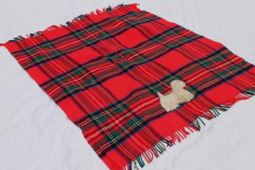 catalog photo of mid-century vintage red plaid wool stadium blanket w/ furry terrier dog mascot applique