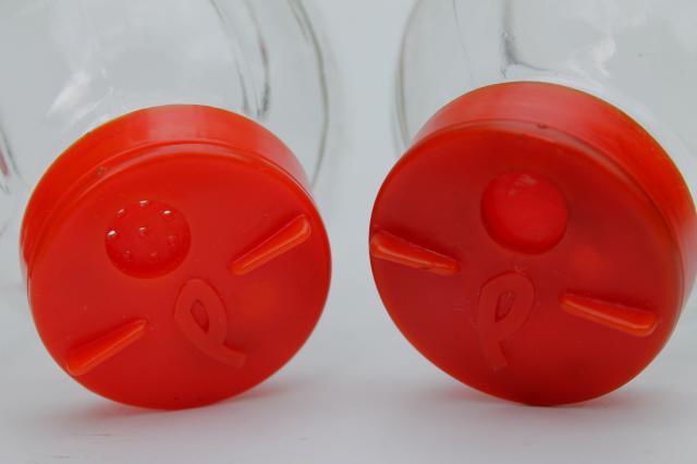 photo of mid-century vintage red plastic rack & glass shakers, retro kitchen S&P set #3