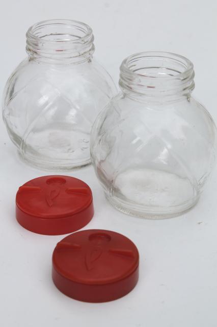 photo of mid-century vintage red plastic rack & glass shakers, retro kitchen S&P set #4