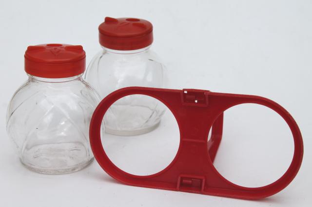 photo of mid-century vintage red plastic rack & glass shakers, retro kitchen S&P set #7