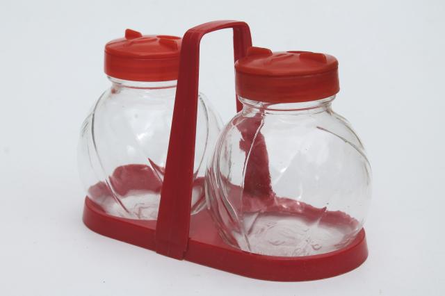 photo of mid-century vintage red plastic rack & glass shakers, retro kitchen S&P set #8