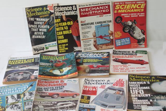 photo of mid-century vintage science magazines w/ pulp covers, hot rods, UFOs, conspiracy theories! #1