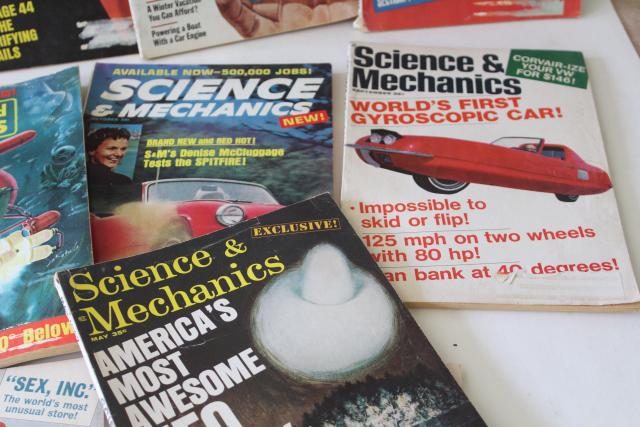 photo of mid-century vintage science magazines w/ pulp covers, hot rods, UFOs, conspiracy theories! #3