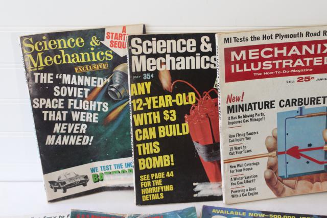 photo of mid-century vintage science magazines w/ pulp covers, hot rods, UFOs, conspiracy theories! #5