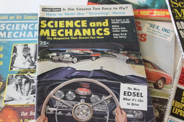 photo of mid-century vintage science magazines w/ pulp covers, hot rods, UFOs, conspiracy theories! #6