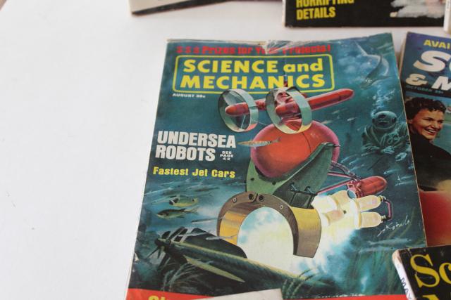 photo of mid-century vintage science magazines w/ pulp covers, hot rods, UFOs, conspiracy theories! #7