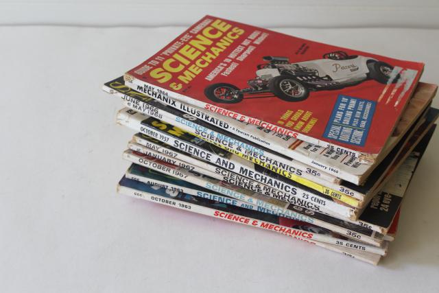 photo of mid-century vintage science magazines w/ pulp covers, hot rods, UFOs, conspiracy theories! #9