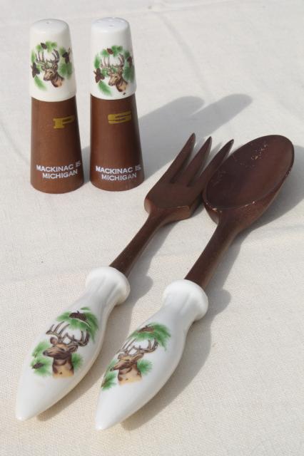 photo of mid-century vintage set salad servers and S&P shakers, Mackinac Island souvenir w/ rustic deer #1