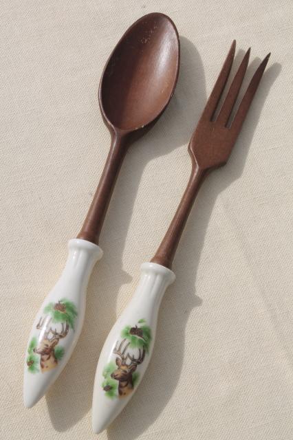 photo of mid-century vintage set salad servers and S&P shakers, Mackinac Island souvenir w/ rustic deer #6