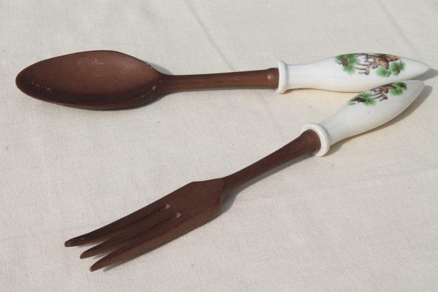 photo of mid-century vintage set salad servers and S&P shakers, Mackinac Island souvenir w/ rustic deer #9