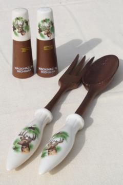 catalog photo of mid-century vintage set salad servers and S&P shakers, Mackinac Island souvenir w/ rustic deer