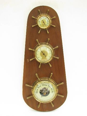 photo of mid-century vintage ship's wheel weather instruments, barometer etc. Germany #1