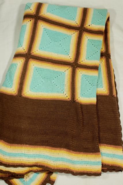 photo of mid-century vintage southwest colors bedspread, handmade Indian blanket crochet cotton thread #2