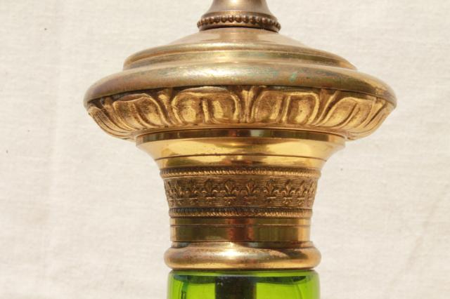 photo of mid-century vintage table lamp, emerald green glass lamp w/ heavy brass hardware #2