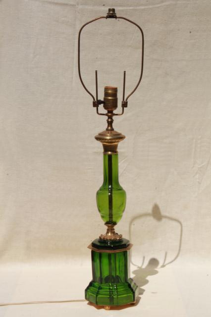photo of mid-century vintage table lamp, emerald green glass lamp w/ heavy brass hardware #3
