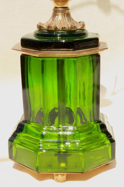 photo of mid-century vintage table lamp, emerald green glass lamp w/ heavy brass hardware #4