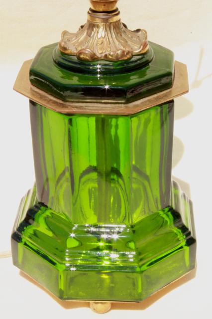 photo of mid-century vintage table lamp, emerald green glass lamp w/ heavy brass hardware #6