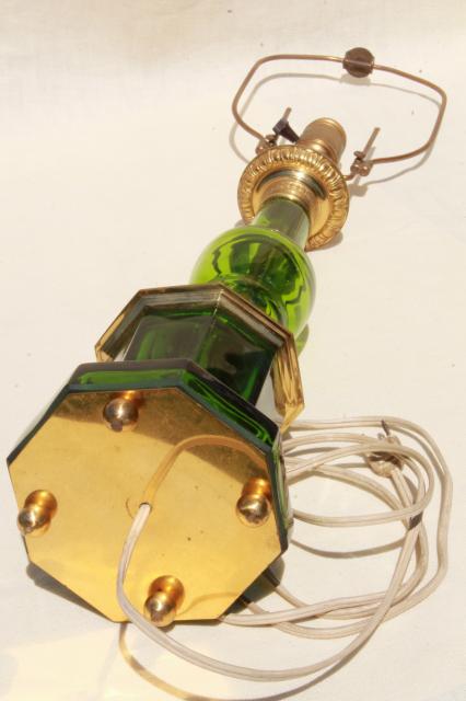 photo of mid-century vintage table lamp, emerald green glass lamp w/ heavy brass hardware #9