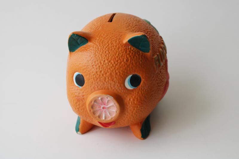 photo of mid-century vintage vacation souvenir piggy bank, Florida orange pig w/ pink flamingo #2