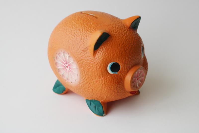 photo of mid-century vintage vacation souvenir piggy bank, Florida orange pig w/ pink flamingo #3