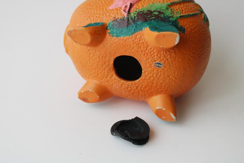 photo of mid-century vintage vacation souvenir piggy bank, Florida orange pig w/ pink flamingo #5