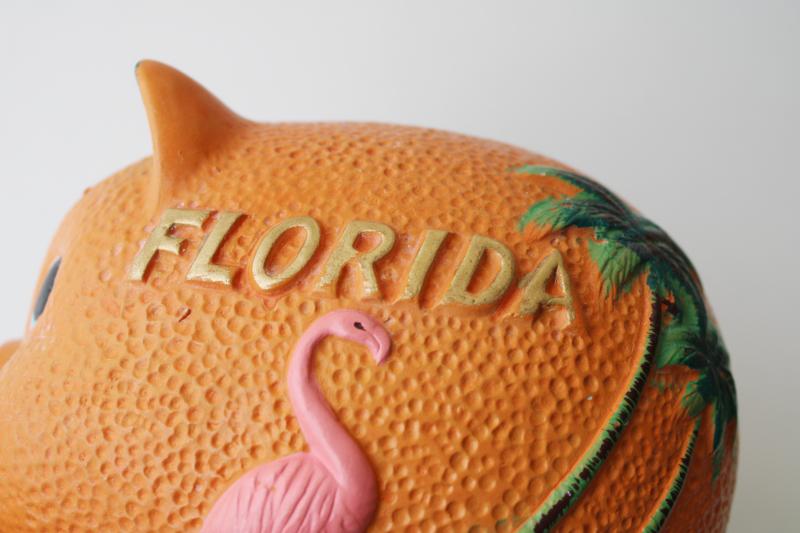 photo of mid-century vintage vacation souvenir piggy bank, Florida orange pig w/ pink flamingo #6