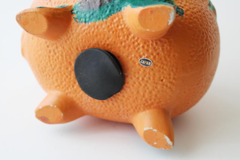 photo of mid-century vintage vacation souvenir piggy bank, Florida orange pig w/ pink flamingo #7