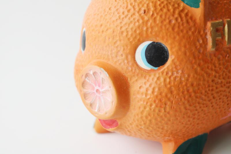 photo of mid-century vintage vacation souvenir piggy bank, Florida orange pig w/ pink flamingo #8