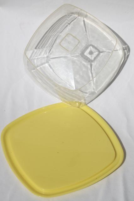 photo of mid-century vintage yellow plastic cake keeper saver, cake plate w/ clear dome cover #3