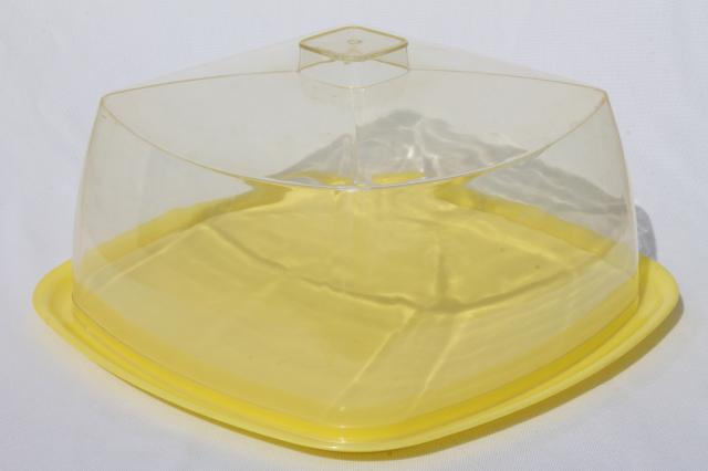 photo of mid-century vintage yellow plastic cake keeper saver, cake plate w/ clear dome cover #6