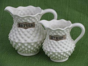 catalog photo of milk white hobnail batter & syrup pitchers, vintage Japan ceramic