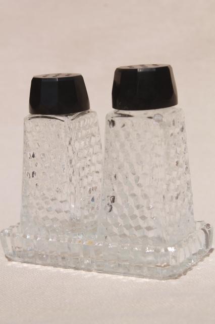 photo of mini S&P set w/ tiny glass tray, vintage Japan salt & pepper shakers bakelite lids #1