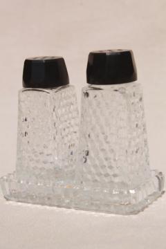 catalog photo of mini S&P set w/ tiny glass tray, vintage Japan salt & pepper shakers bakelite lids