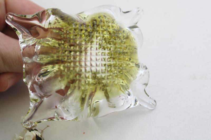 photo of mini basket handmade Murano glass, 60s 70s vintage avocado green & crystal clear #4