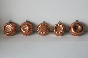 catalog photo of mini copper molds, jello or tart pans, vintage french country kitchen style wall hanging decor 