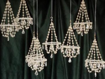 catalog photo of mini crystal chandelier ornaments, glass bead chandeliers set to hang