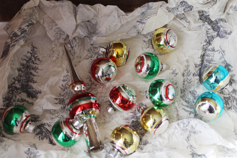 photo of mini glass Christmas tree ornaments, striped mercury glass balls & glass tree topper  #1
