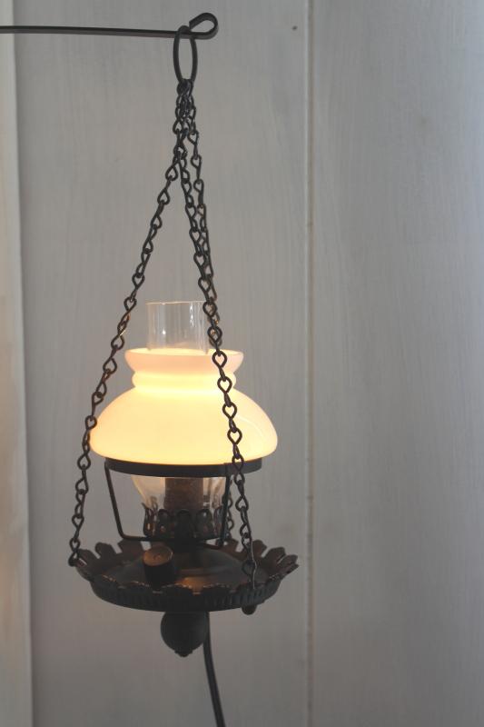 photo of mini hanging light, vintage cast iron bracket candle bulb hurricane lamp w/ milk glass shade #3