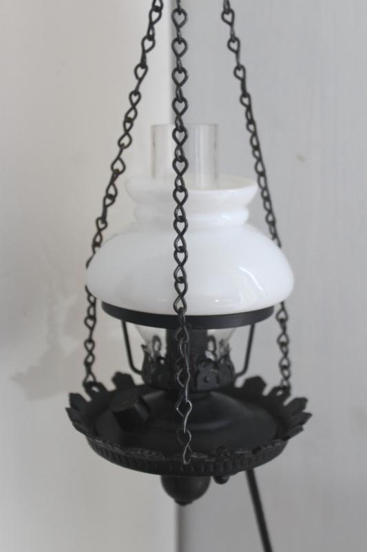 photo of mini hanging light, vintage cast iron bracket candle bulb hurricane lamp w/ milk glass shade #7